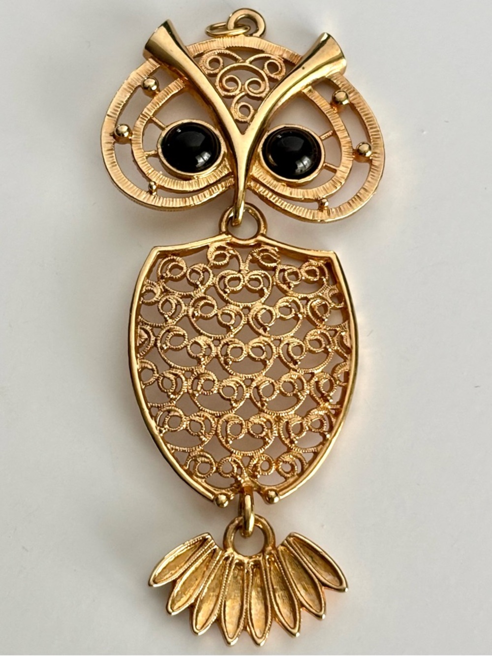 Statement Owl Pendant Gold Tone Large 4.5 Inch Black Eyes Charm